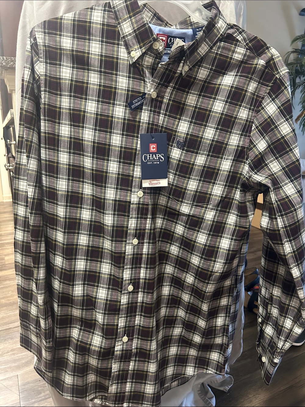 Chaps Men's Brown and Green Plaid Button-Down Shirt